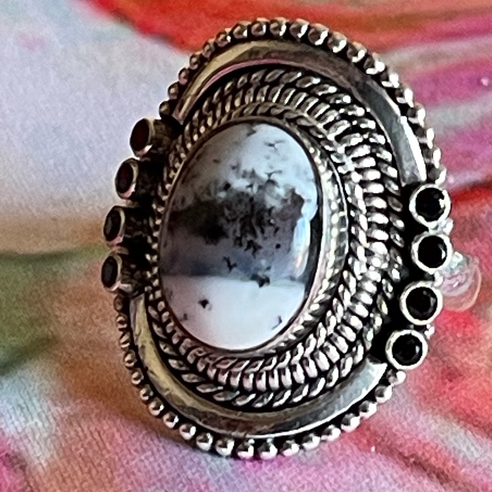 Dendritic Agate & Black Tourmaline w/Triple Rope Sterling Bezel